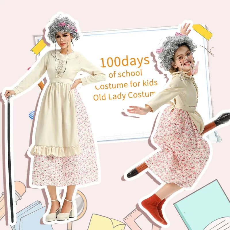 Costume da Nonna per Halloween, Set con Gonna Floreale, Outfit Divertente per Adulti, Completo da Vecchia Signora per il Ritorno a Scuola, 100 Giorni, Abbigliamento Speciale per Signore