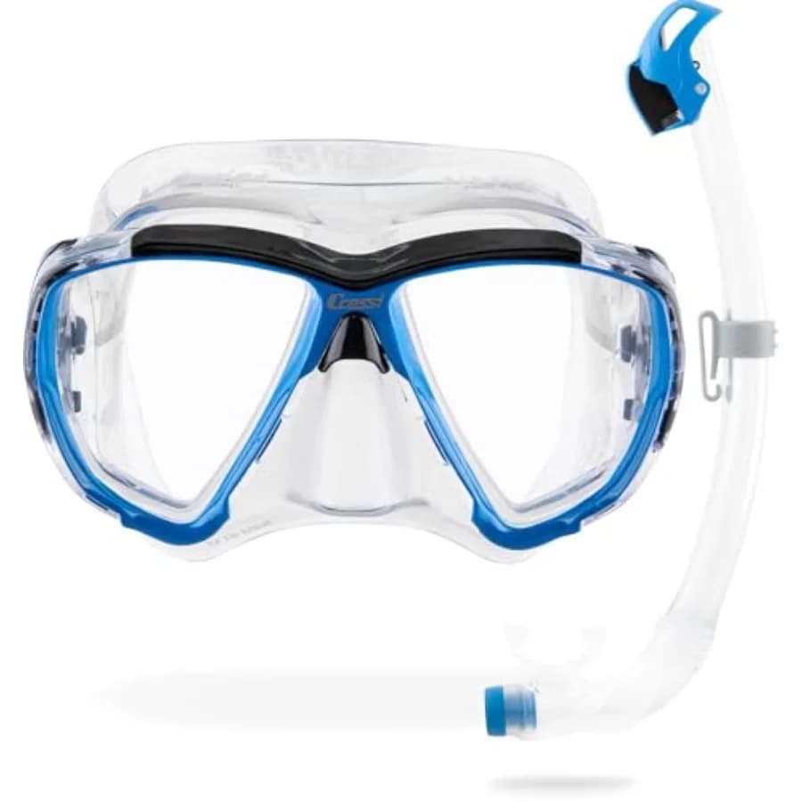Kit maschera e snorkel per snorkeling e apnea: maschera in silicone nera con ampio campo visivo, snorkel con sistema Dry-Top e lente Big-Eye per SUP
