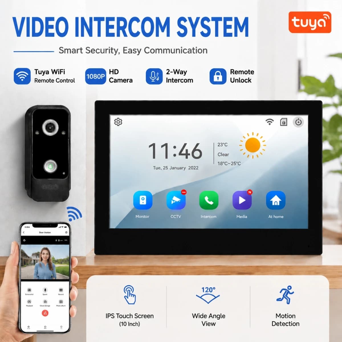 Tuya WiFi Video Doorbell Intercom System Touch Screen Monitor 1080P Camera IP65 Waterproof Smart Home Security Door Phone