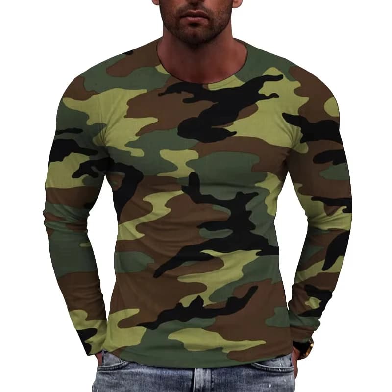 Maglietta mimetica stampata in 3D per uomo, t-shirt con motivo albero nascosto, magliette casual primaverili e autunnali, a maniche lunghe, girocollo.