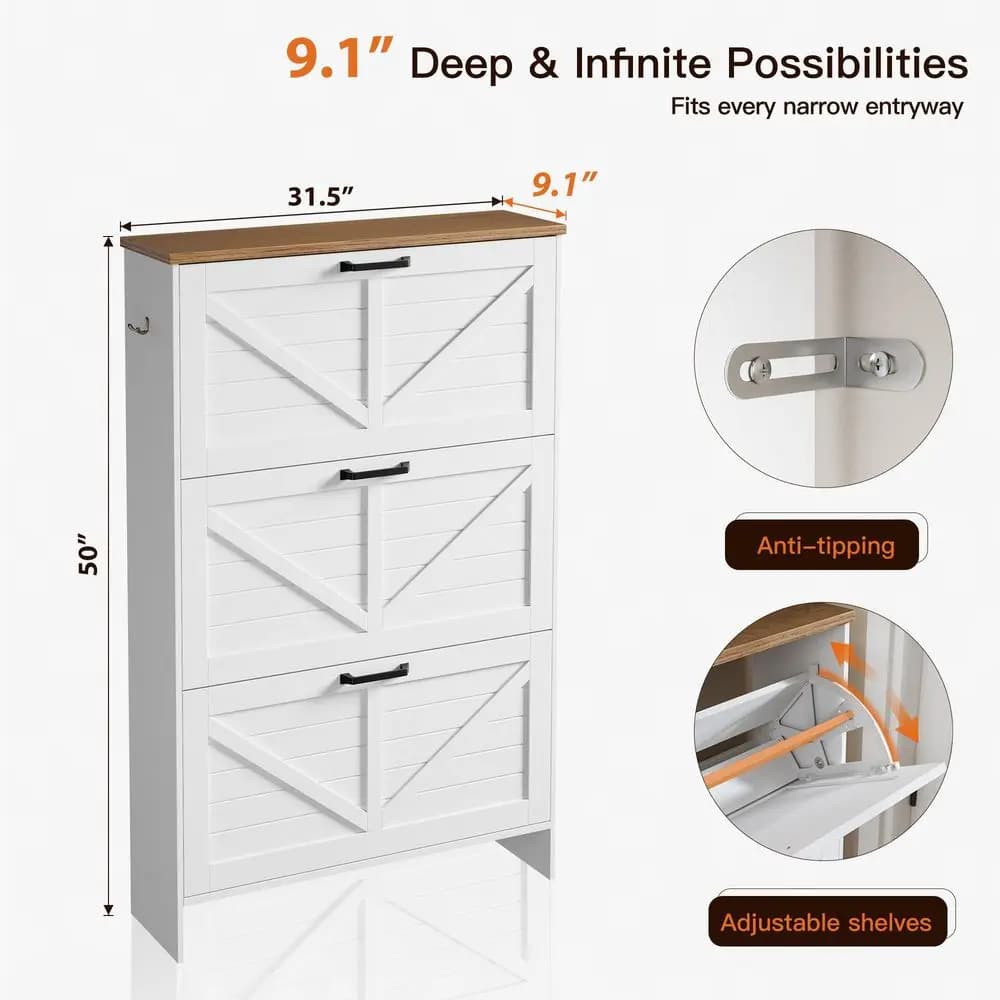 Scarpiera Shaker Barn Door, 3 cassetti ribaltabili e 3 ripiani regolabili, ultra sottile, autoportante, moderno rustico bianco spazzolato
