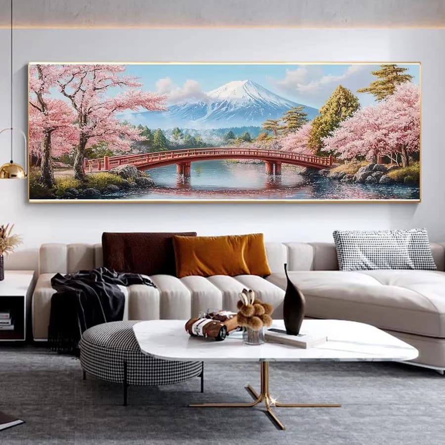 Diamond Painting Mount Fuji Cross Stitch Kit Japanese Cherry Blossom Trees Diamond Embroidery Red Stone Arch Bridge Mosaic Decor