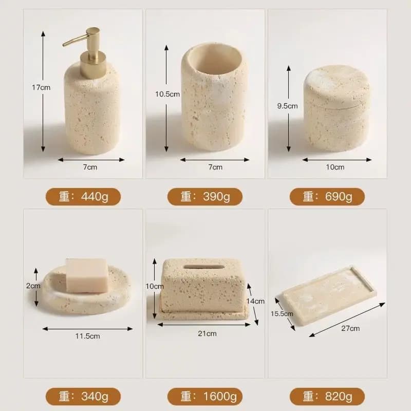 Dispenser per Liquidi da Bagno Ricaricabile in Marmo Travertino Giallo Naturale, Contenitore per Lozioni e Sapone