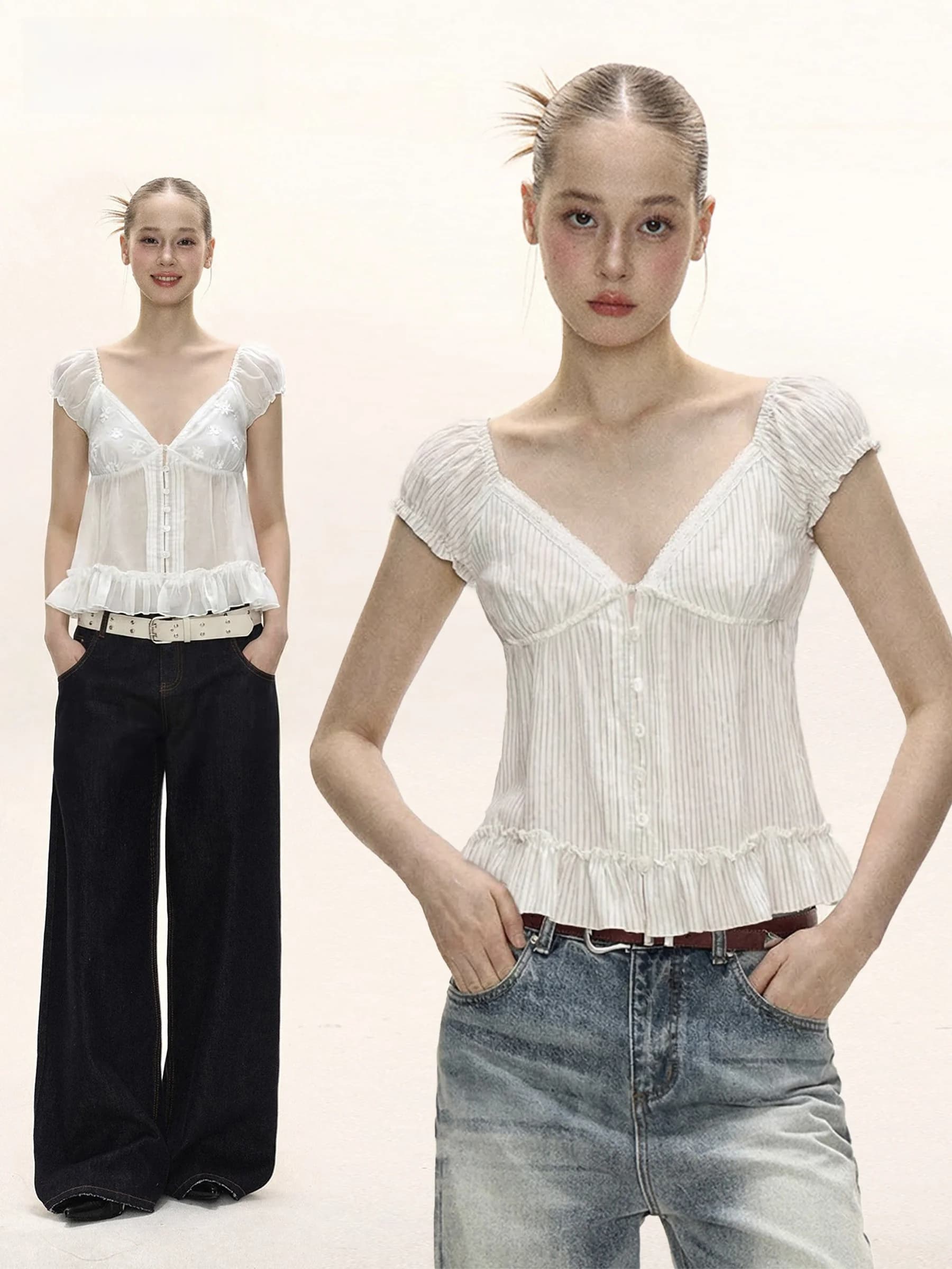 Camicetta Estiva da Donna con Maniche Corte a V, Bordo in Pizzo e Maniche a Bolla, Design Sensuale Stile Americano Spicy Girl