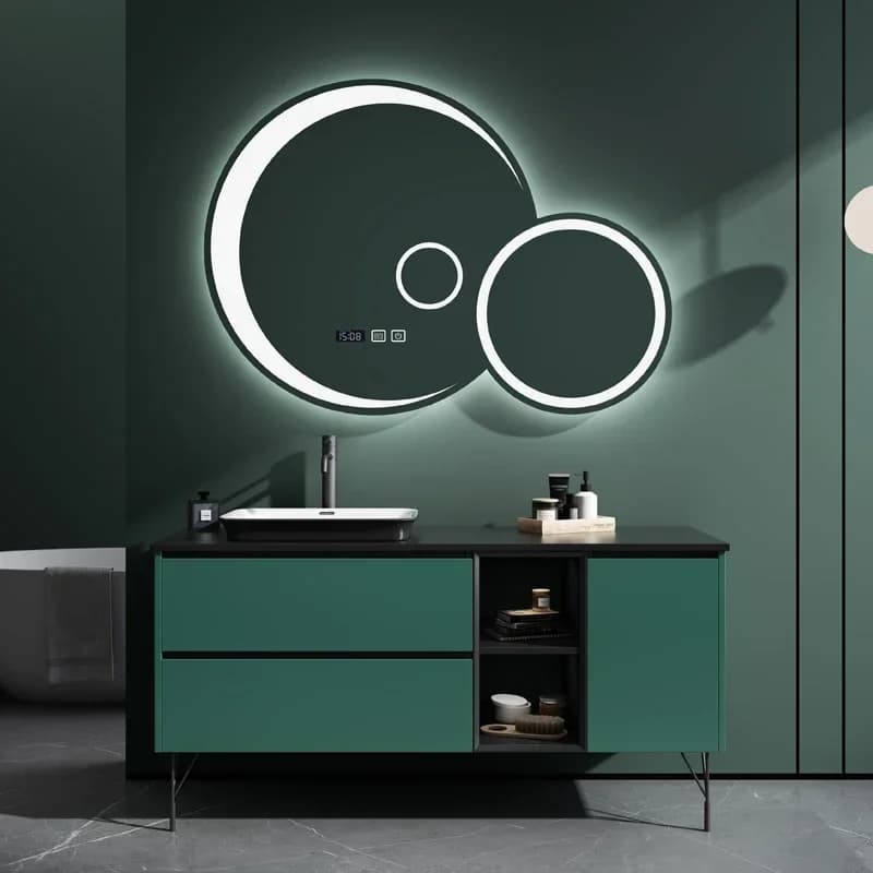 Mobile Bagno in Legno Massello con Specchio LED Smart Touch Screen e Lavabo Integrato - Design Moderno per Bagno e Toilette