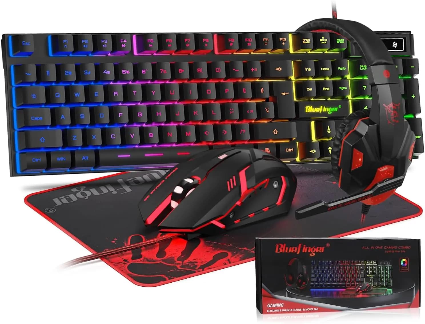 Combo Tastiera RGB da Gaming, Mouse e Cuffie, Set USB Cablato con Retroilluminazione LED e Microfono per PC, Laptop, Giochi e Lavoro