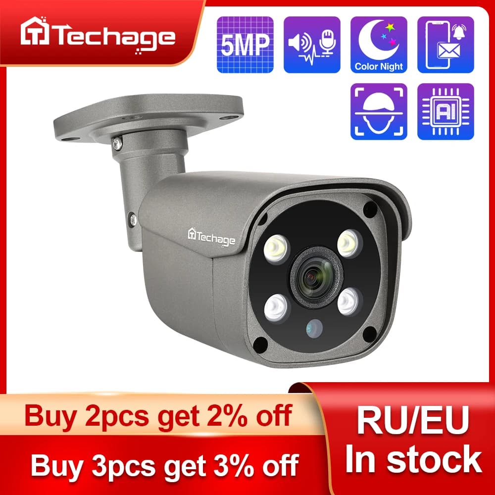 Techage H.265 4K 5MP 8MP POE Telecamera IP Audio bidirezionale Rilevamento umano Telecamera esterna in metallo per sistema CCTV Sistema di sorveglianza POE
