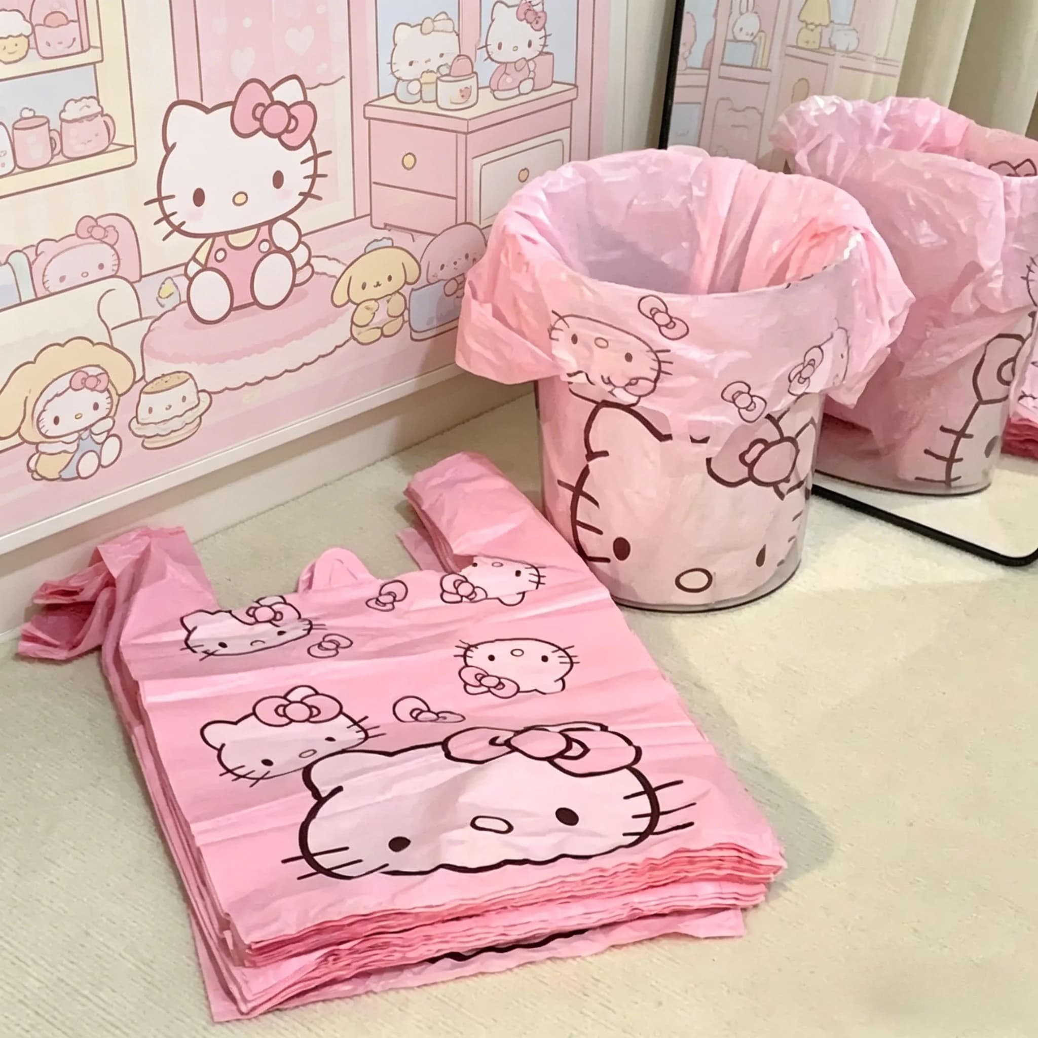 Simpatica borsa portatile con motivo gatto Hello Kitty in stile cartone animato, borsa a tracolla, borsa in plastica, borsa tote rosa, borsa portaoggetti, sacchetto per rifiuti domestici