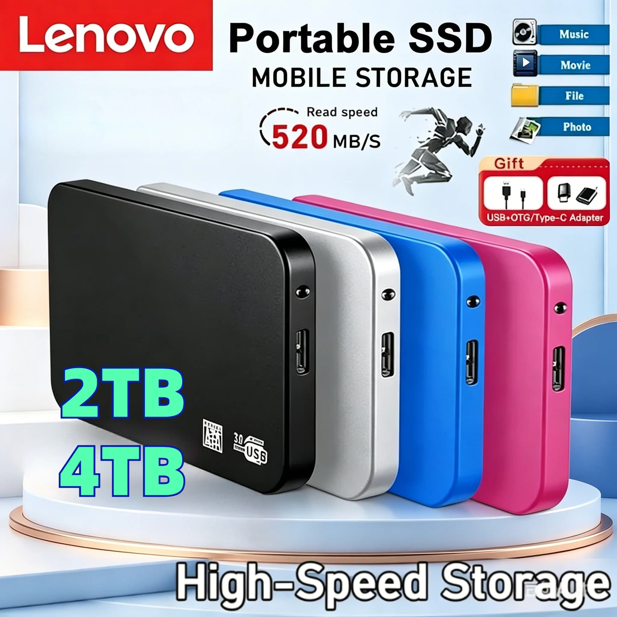 Enclosure SSD Lenovo 4TB ad Alta Velocità, Box di Archiviazione HDD/SSD con Cavo, Case Esterno per Disco Rigido Mobile USB3.0, Materiale ABS