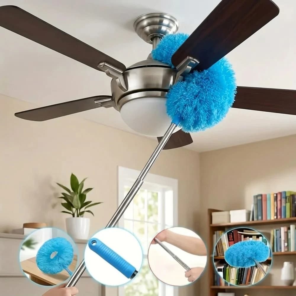 Spazzola per la pulizia di ventilatori in microfibra con barra di prolunga, strumento di pulizia rimovibile e lavabile per soffitti alti, mobili e elettrodomestici