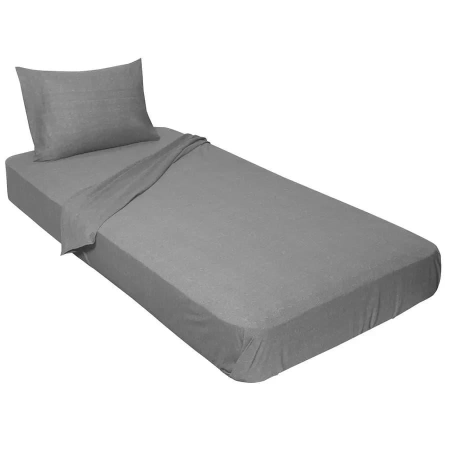 100% combed cotton jersey bed set for camping and camper, 1 sheet with corners, 1 flat sheet, 1 standard pillow, grey melange