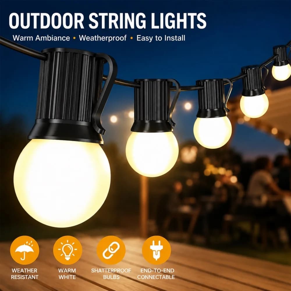 G40 Outdoor String Lights Waterproof Shatterproof Globe Bulbs Connectable Warm White Fairy Light for Patio Garden Party Decore