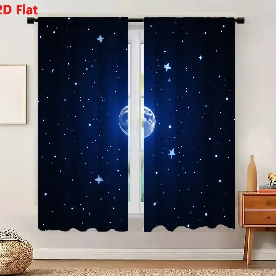 2Pcs Curtains 2D Flat Serene Night Sky With Stars And Moon Deep Blue Space Background Dreamy Stargazing Theme Window Drapes for