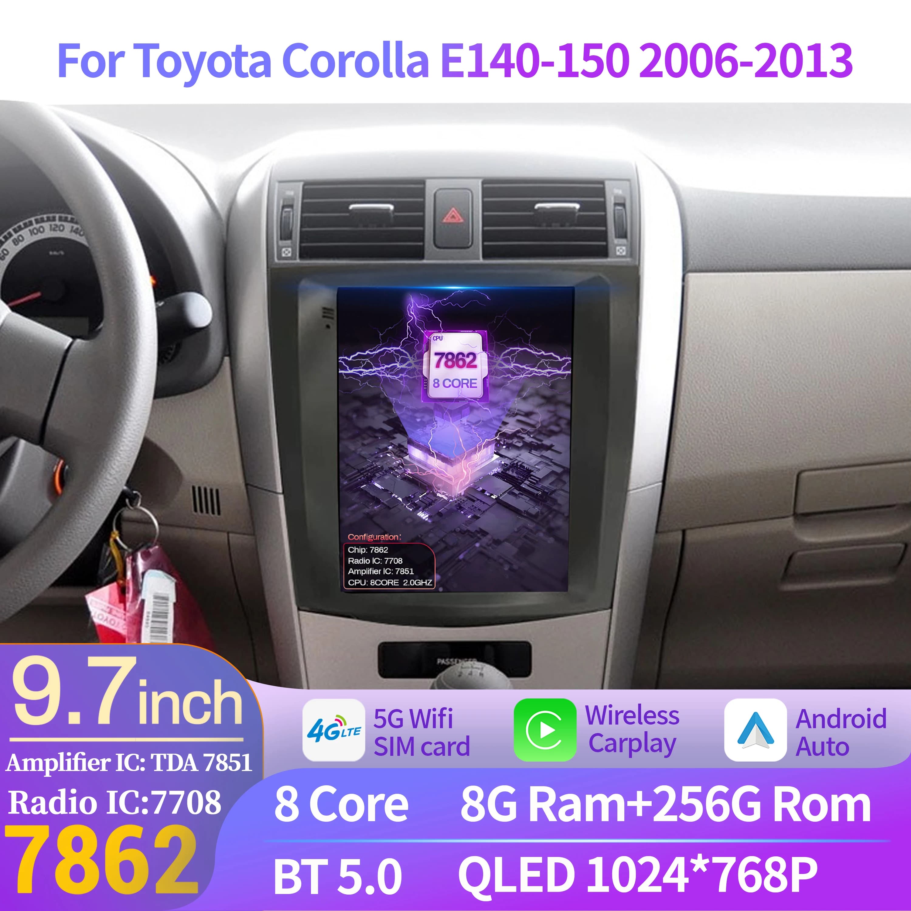 Autoradio da 9,7 pollici Multimediale Per Toyota Corolla E140-150 2006-2013 Android 14 Wireless BT Carplay QLED Schermo
