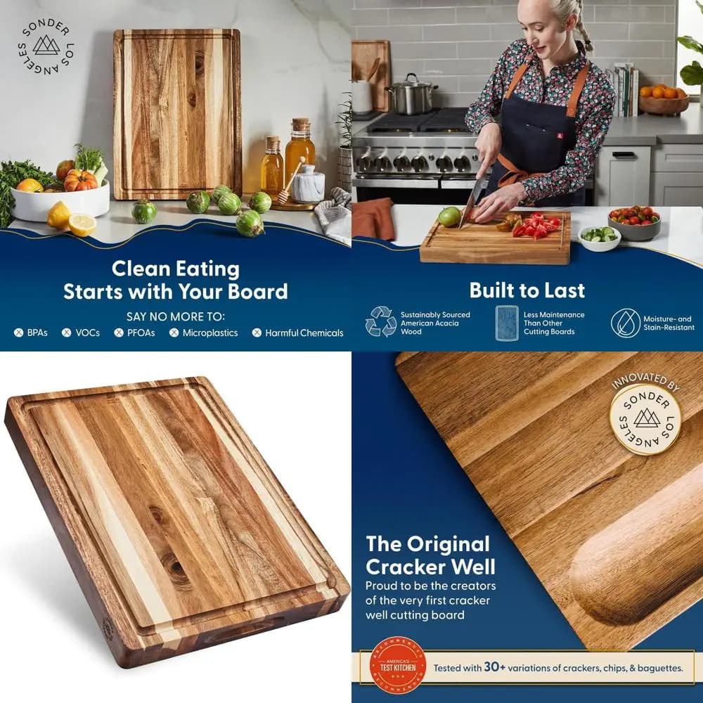 Tagliere sostenibile in legno di acacia con scanalatura per succhi e scomparto per smistamento, 16x12x1,5 pollici, tagliere per salumi, confezione regalo I