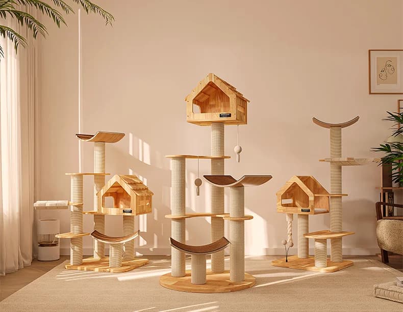 Roof Scratching Solid Rubber Wood Hemp Rope Sisal Post Kraft Paper Woven Frame Climbing Toy Cat Tree Tower for Indoor