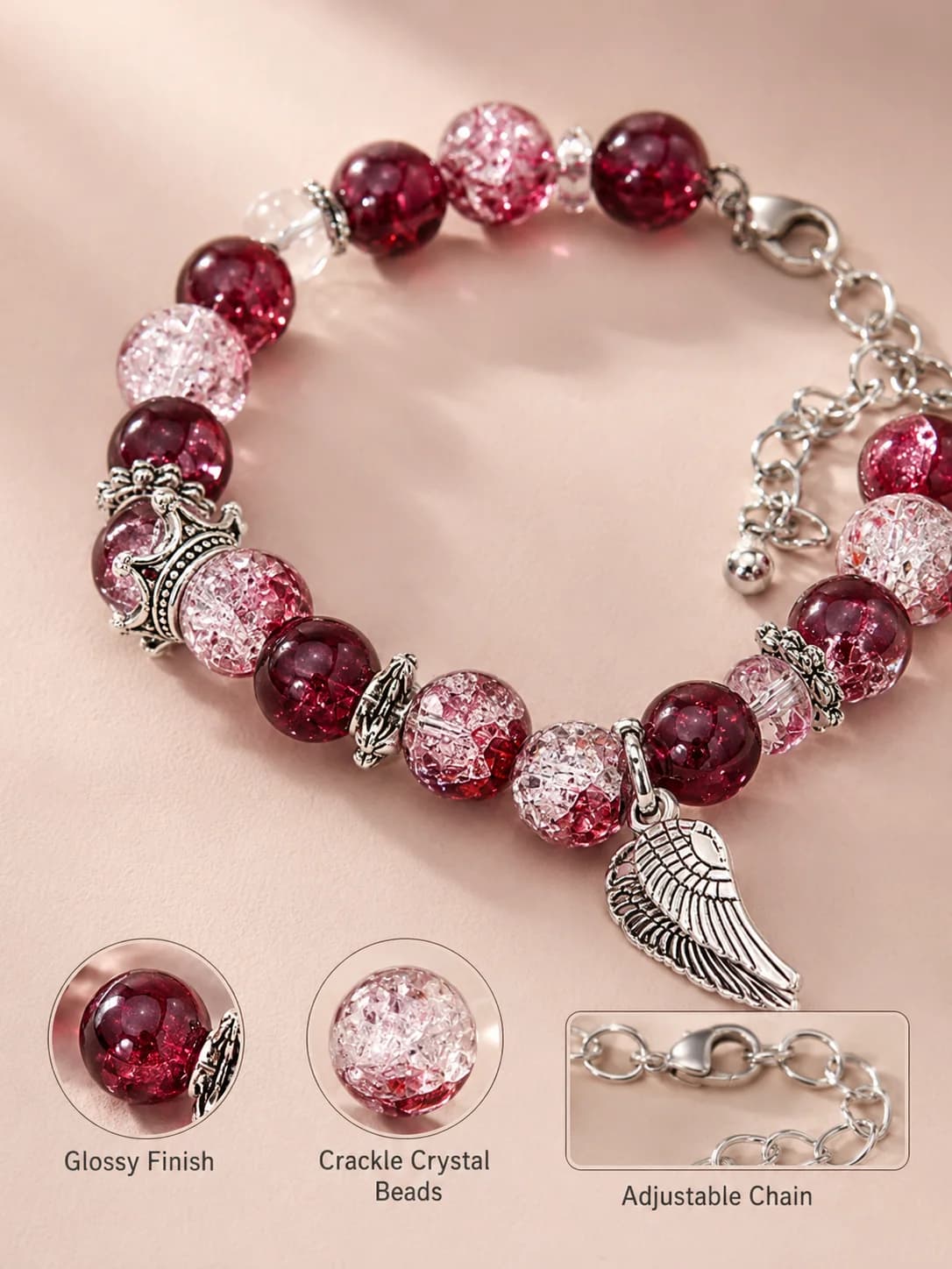 1PC Gradient Wine Red Crystal Bracelet with Crown Charm, Single Layer Beaded Bracelet for Women Fashion Jewelry