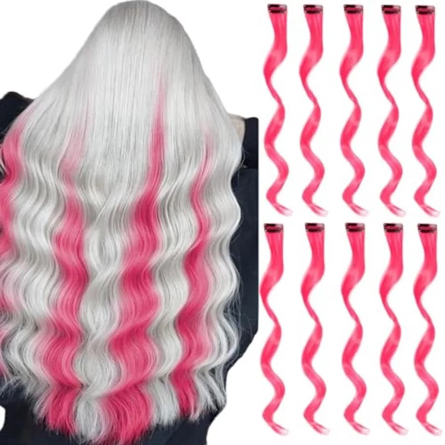 Colored Hair Extensions Clip in for Girls Women, 16inch Curly Wavy, 10pieces Hot Pink