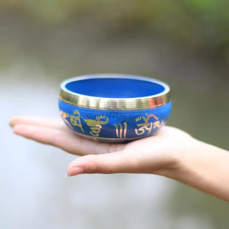 H7ED Nepal Tibetan Blue Buddhist Bowl Mallet Set Meditation Singing Bowls