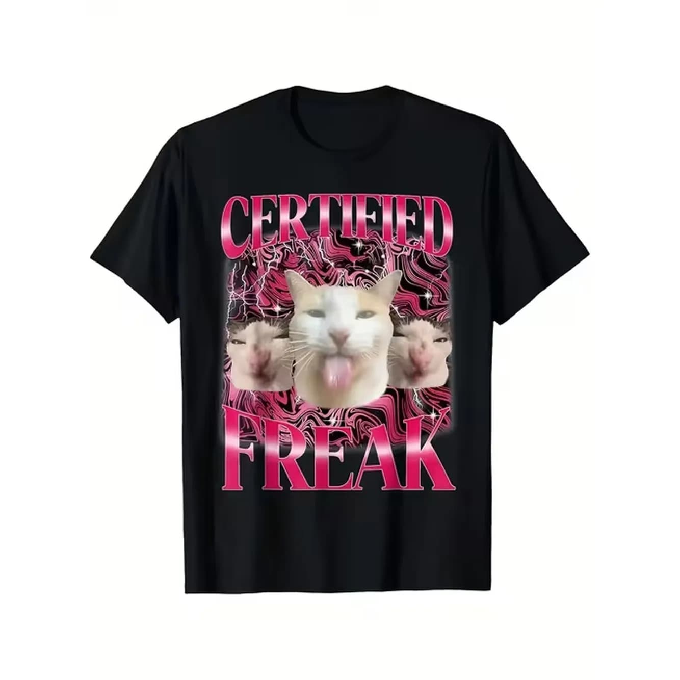 item picture certified quirky funny cat meme t shirt vibrant pink graphic design short sleeve washable casual athletic top for teens and durable polyester material round neck wear