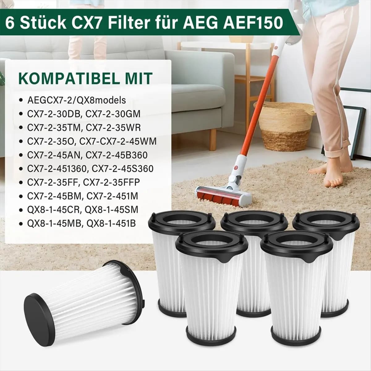 T80C! Confezione da 6 filtri CX7 per AEG AEF150, filtro di ricambio per aspirapolvere portatile a batteria AEG CX7-2, QX8 Animal