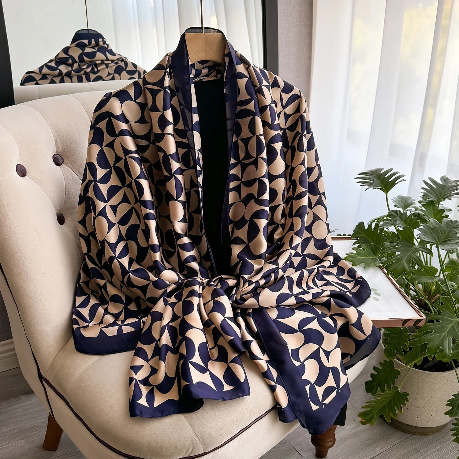 Nuovo design geometrico grande sciarpa morbida in seta da donna elegante stampa scialle lungo fazzoletto protezione solare estiva elegante involucro da viaggio