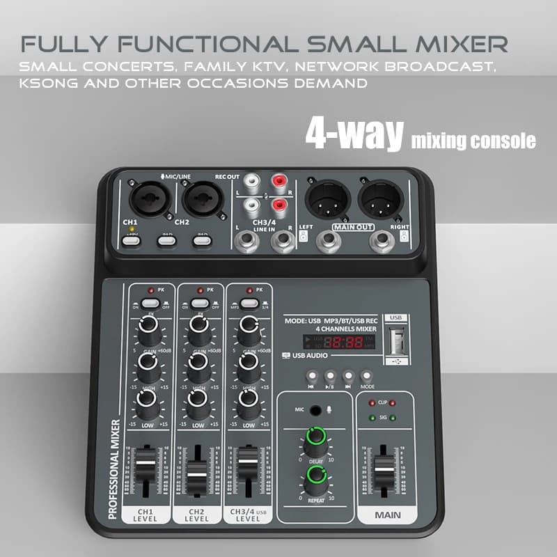 4-channel audio mixer, 48V phantom power, USB studio mixer, Bluetooth DJ mixing console, karaoke music Audio mixer