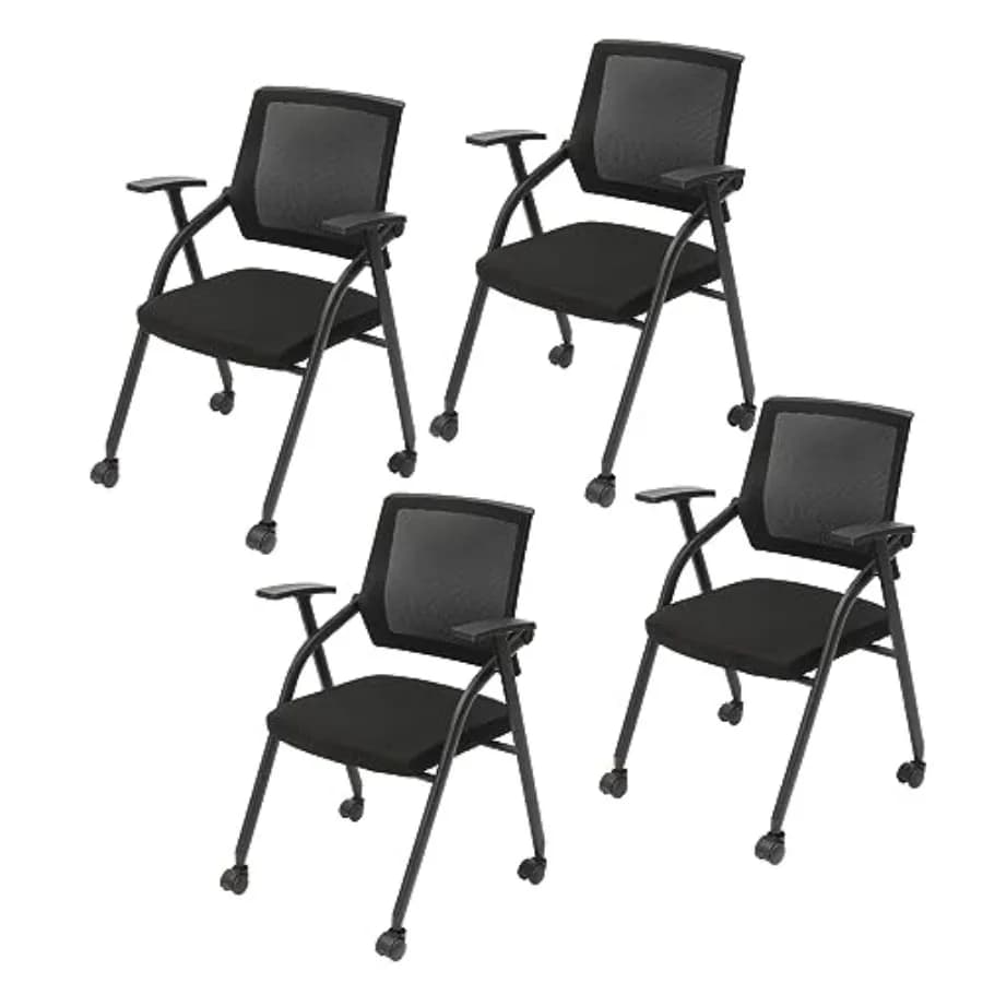 4 Pack Folding Chairs Office Chairs with Caster, Black Padded Folding Chairs Conference Room Chairs Gaming Chair on Wheels, Ela