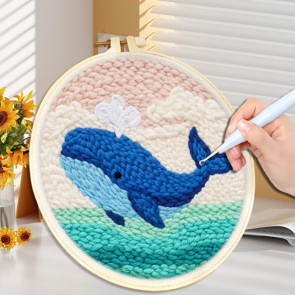 DIY Punch Needle Kits for Beginners Whale Ocean Punch Needle Starter Craft Set for Adults Cross Stitch Set with Hoop Embroidery