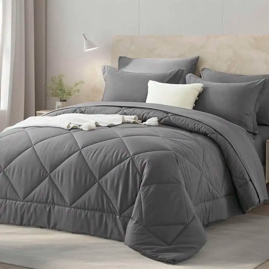 Set Copripiumino Trapuntato Grigio Misura Queen, Trapuntatura Geometrica a Rombi, Morbida Microfibra per Tutte le Stagioni