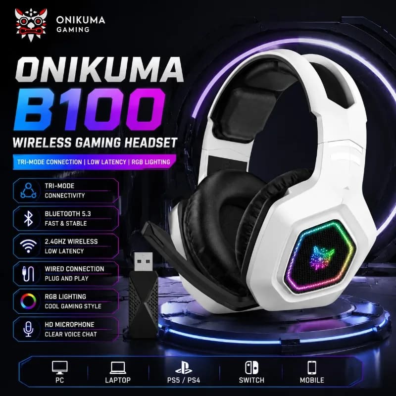ONIKUMA B100 Wireless Gaming Headset Tri Mode Bluetooth 5.3 2.4GHz Low Latency RGB Headphones With Mic For PC PS5 Laptop Gamer