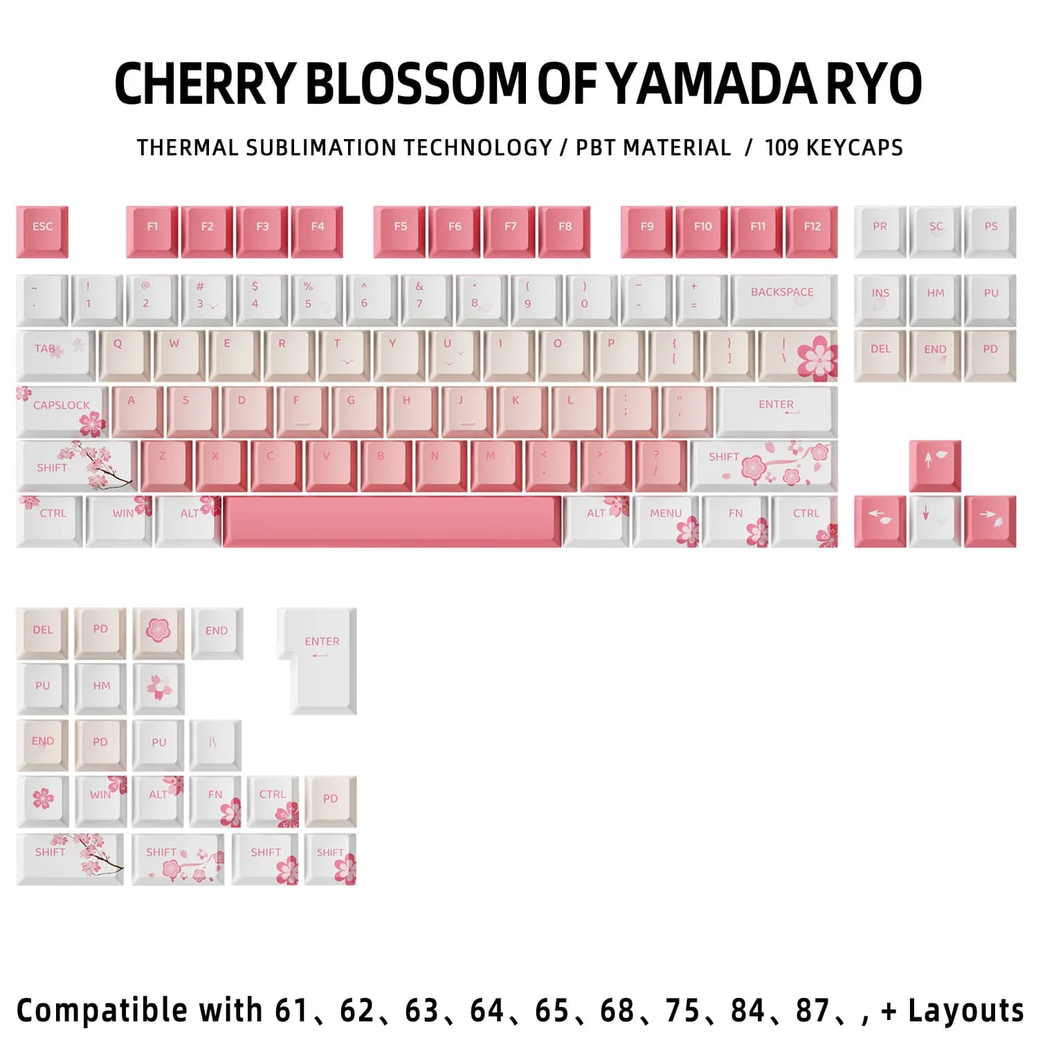 Set di Tasti Rosa a Forma di Fiore di Ciliegio, 109 Tasti per Tastiere Meccaniche 60% 75% TKL 96% 100%, Profilo Cherry in PBT