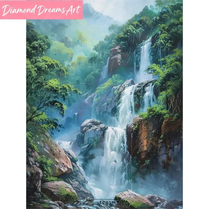 Quadro senza cornice, pittura diamante con paesaggio di cascata nella foresta, ricamo a punto croce con mosaico di strass, decorazione per la casa