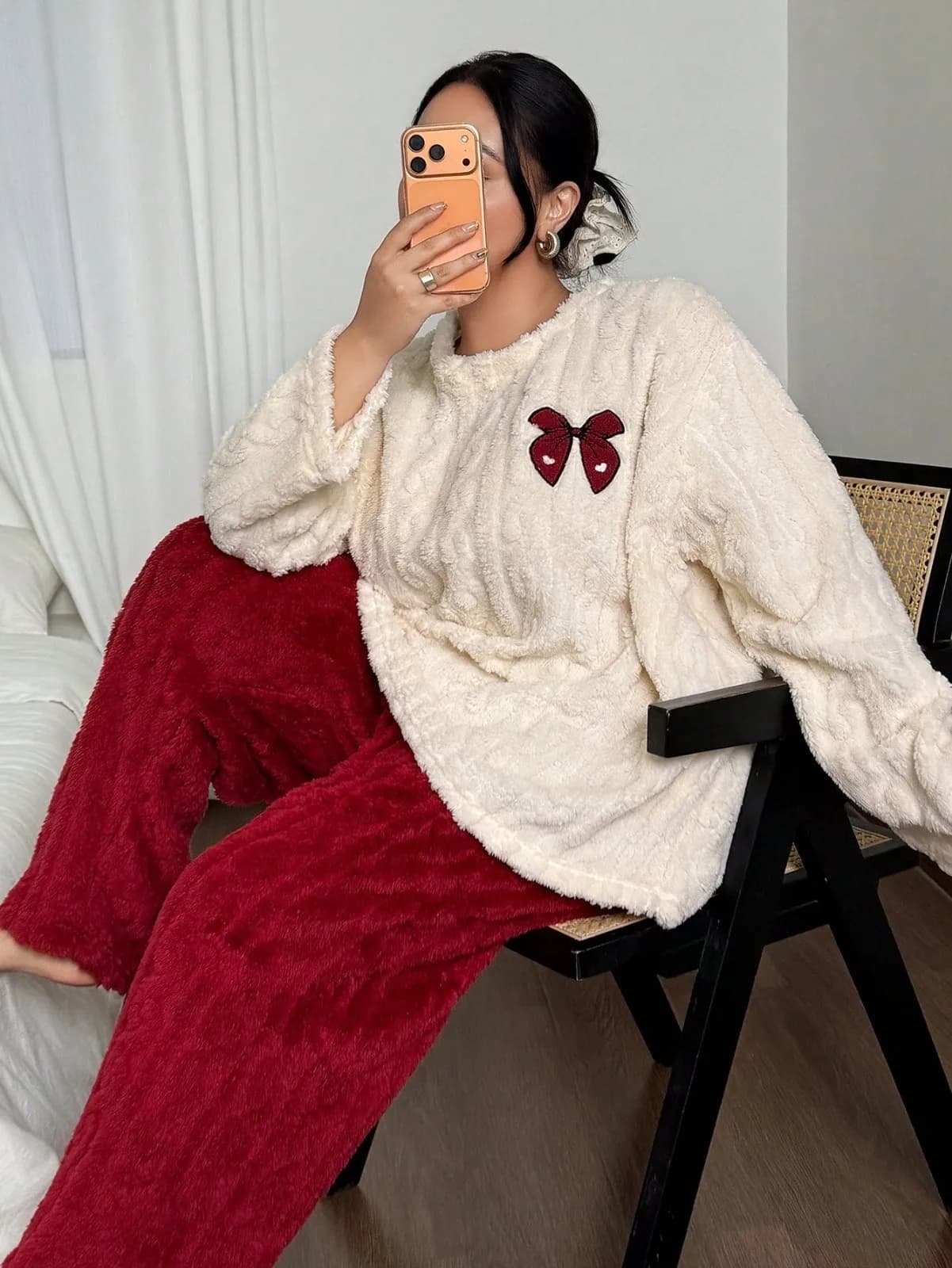 Plus Size 1XL-5XL Women Autumn Winter Thick Flannel Pajamas Red Bow Embroidery Pajama Sets Warm Fluffy Loungewear Sleepwear Set