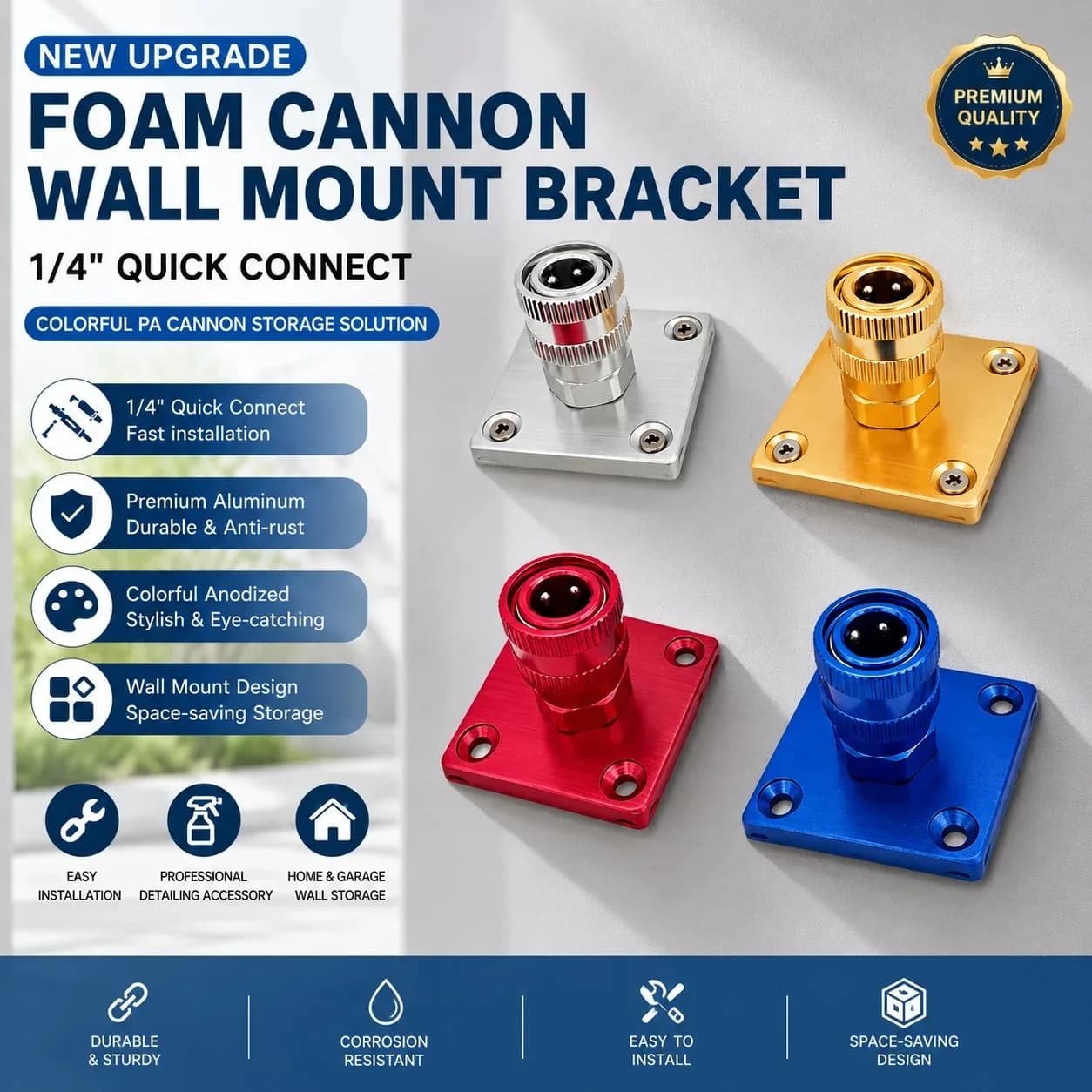 1/4 Quick Connect Foam Cannon Wall Mount Bracket Aluminum Alloy PA Foam Gun Holder Space Saving Car Wash Garage Detailing Access