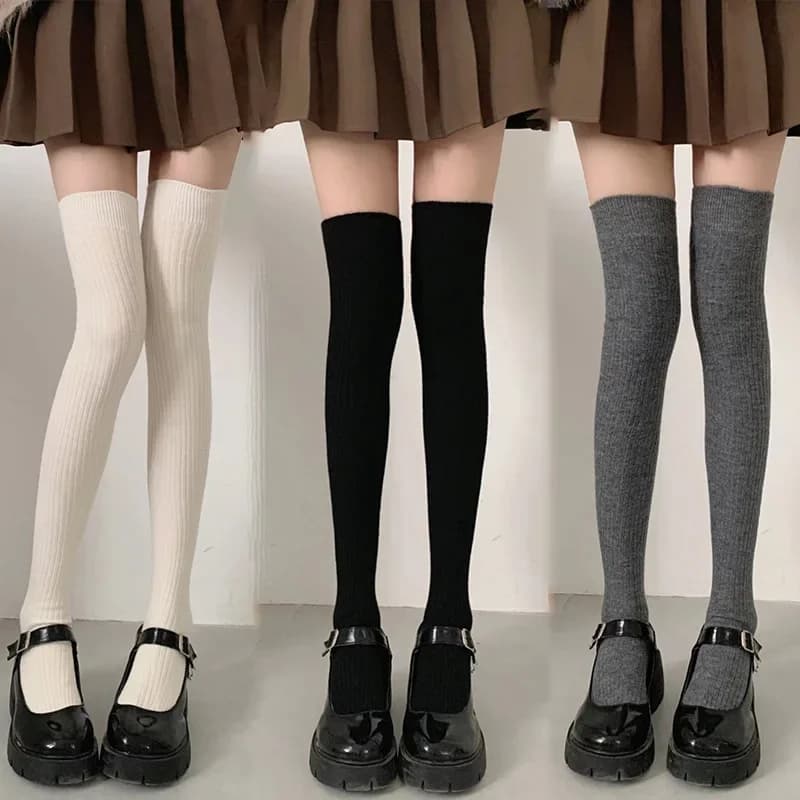 Calze da donna autunnali e invernali, spesse e calde, a tinta unita, al ginocchio, nere, bianche, a righe verticali, calze lunghe fino alla coscia per donna