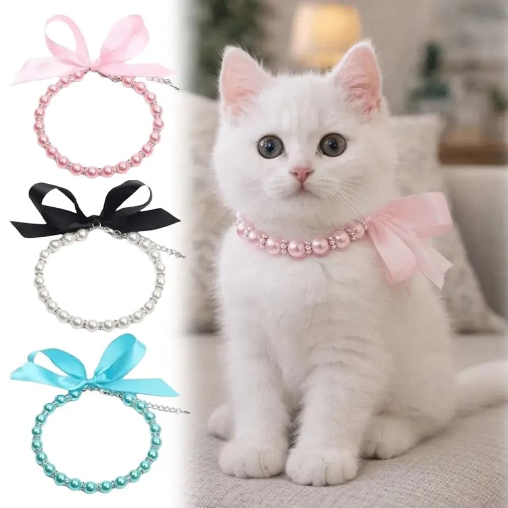 Imitation Pearl Cat Neck Chain Lace Bow Decor Adjustable Length Dog Neck Jewelry Pink Blue Black Pet Collar Decoration