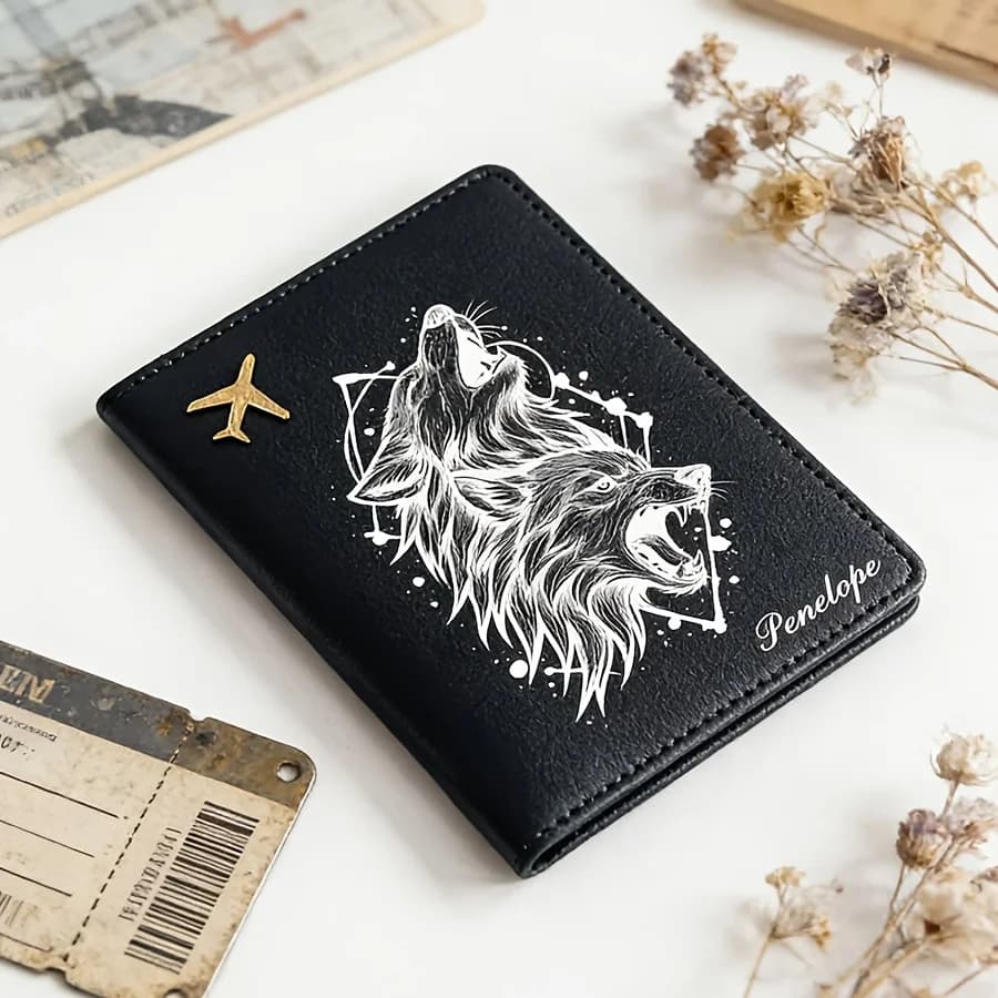 A Personalized Custom Name Passport Holder, Travel Accessory with a Wolf Head Design, for Passports, ID Cards, Coin Holdersvcyt