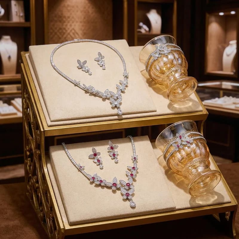 Set di Gioielli Stile Europeo e Americano, Orecchini, Bracciale, Collana per Donna, con Ciondolo a Farfalla in Zirconia Cubica Bianca e Rosa, per Feste