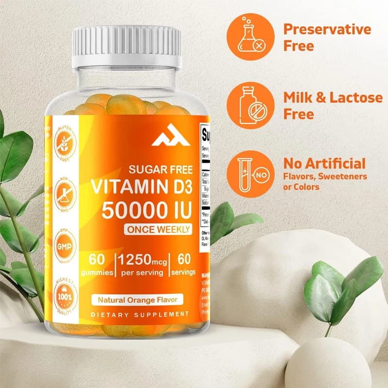 Integratore di vitamina D3 50000 IU senza zucchero -60 caramelle gommose - Capsule di vitamina D per ossa, denti e supporto immunitario