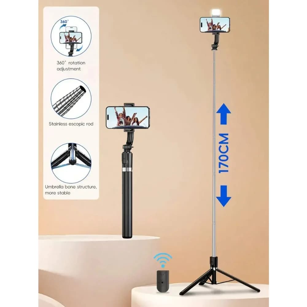 1.7M New Bluetooth Selfie Stick, 10M Wireless Remote Control, 360° Rotatable Detachable Phone Holder, Reinforced Frame, Stable Tripod Stand, Live Streaming Equipment, Alloy Material, With LED Fill Light, Freely Extendable, Compatible With IPhone 17/16/15/