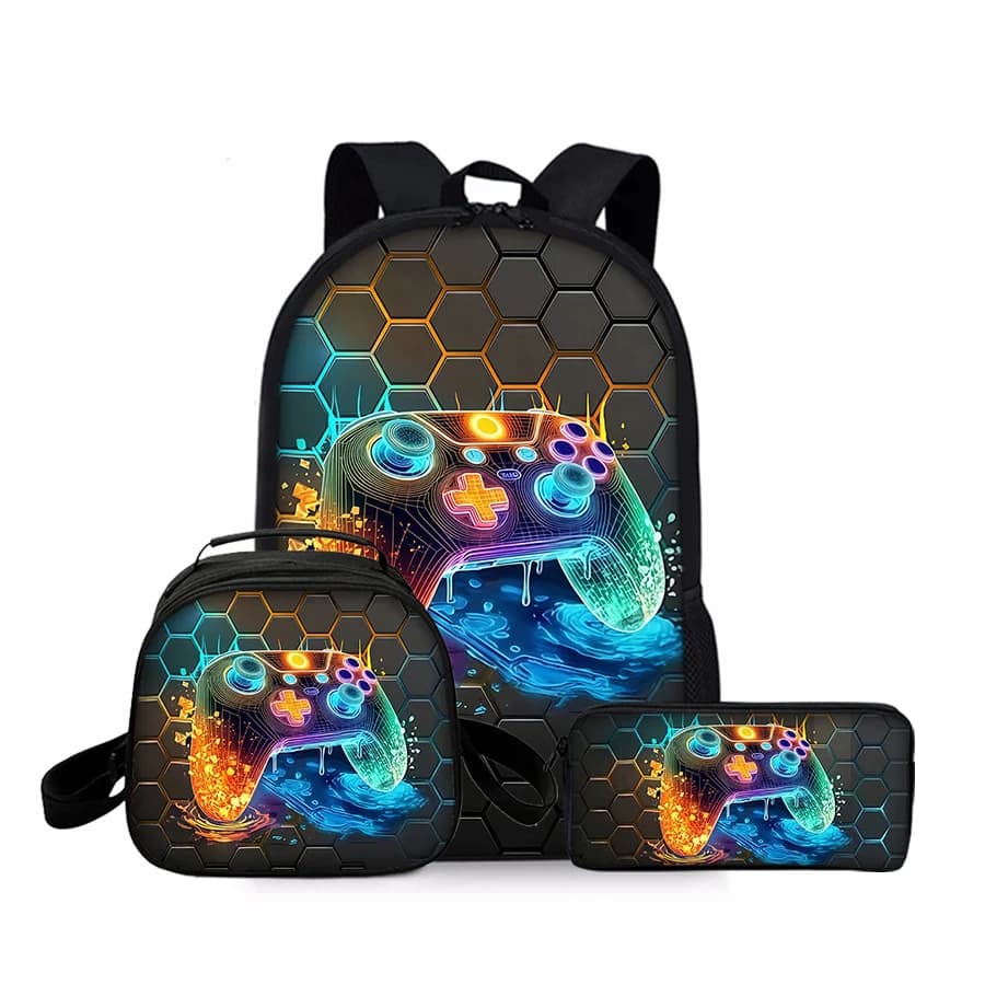 Game Controller Pattern Three Piece Set Backpacks for Boy and Girls Best Gifts 2D Flat Cartoon School Backpack for Children