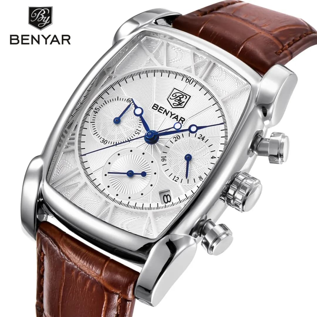 Men's Relogio Masculino Watches Top Luxury Brand BENYAR Leather Chronograph Men's Quartz Watch Military Sports Rectangular Wrist Watch