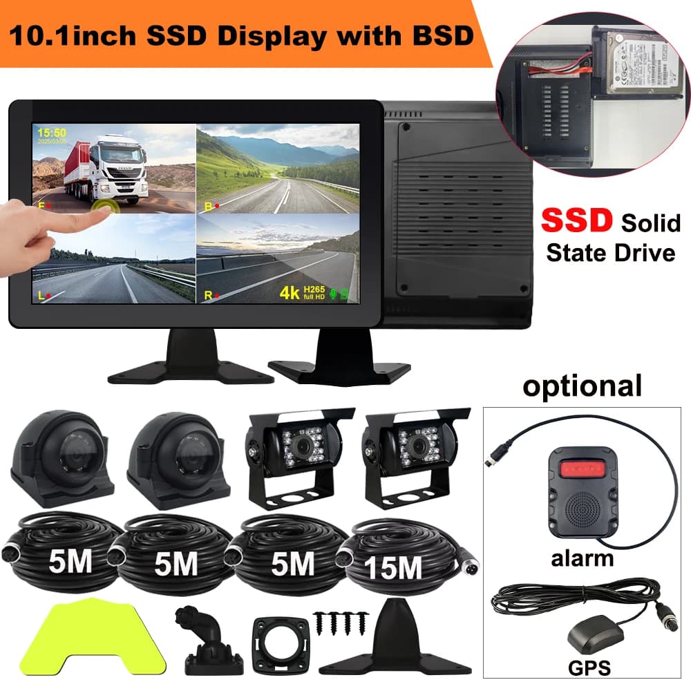 4CH HDD BSD DVR con sistema di monitoraggio registratore da 10,1 pollici Allarme punto cieco AHD 1080P Telecamera per visione notturna IR per autobus camion
