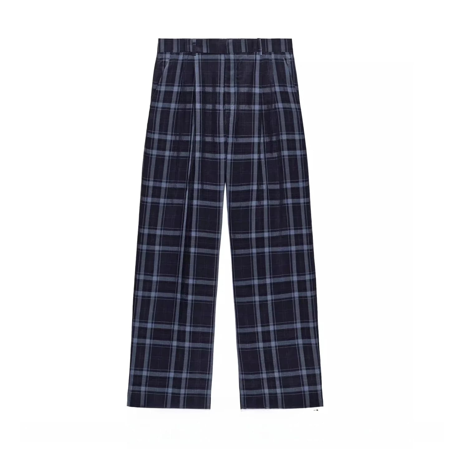 Spring 2026 Women's Casual Wide Leg Pants Belt Back Pocket mid Waist Plaid New Arrival Straight Leg Trousers for Ladies