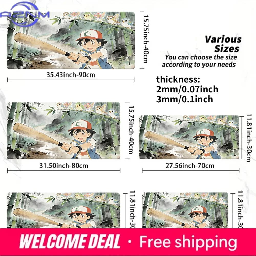 Tappetino per mouse da gioco Ash Ketchum Bamboo Forest Baseball con base in gomma antiscivolo