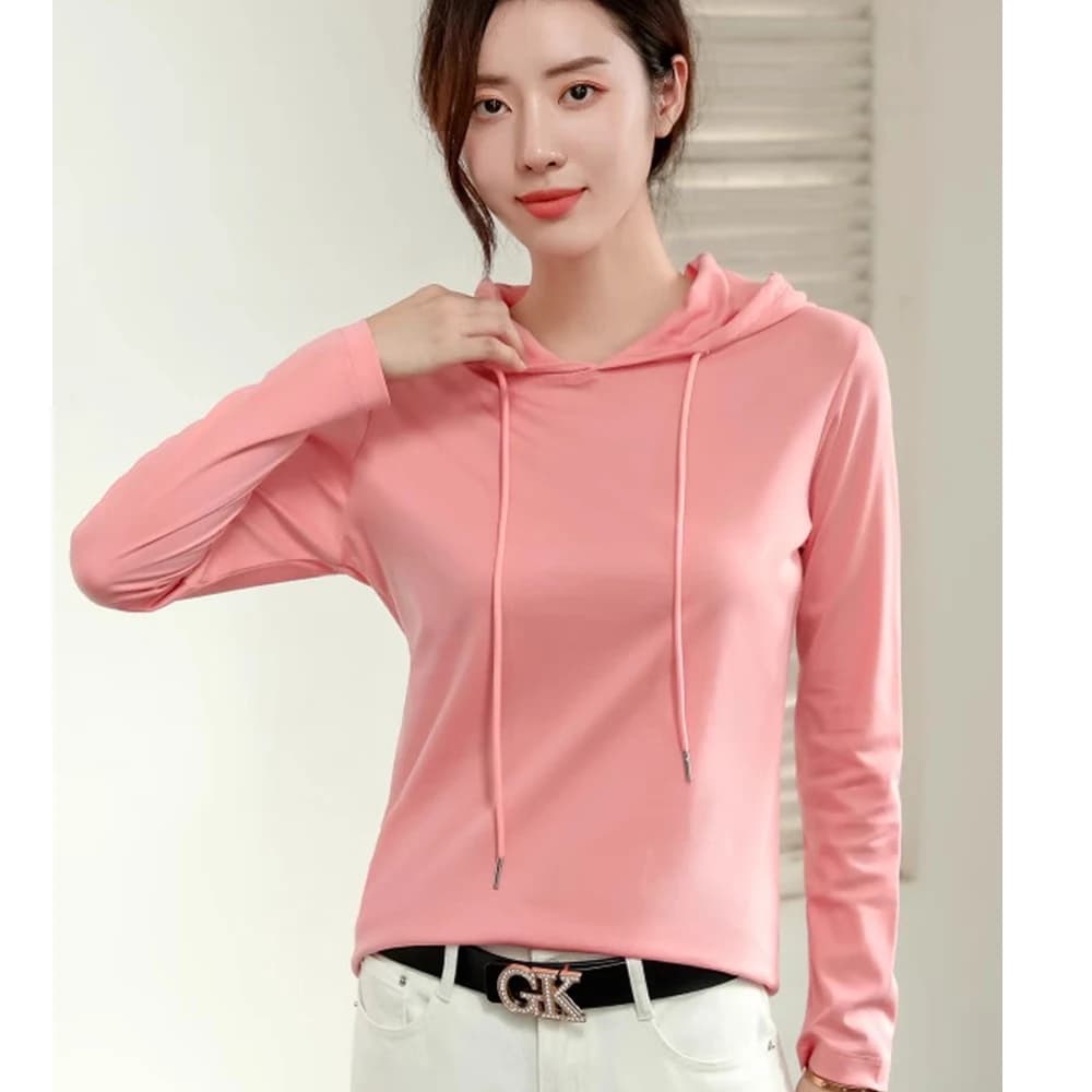 T-shirt felpa con cappuccio in cotone setoso da donna nella primavera del 2025 nuova camicia base alla moda sottile di lusso leggera e versatile in puro cotone