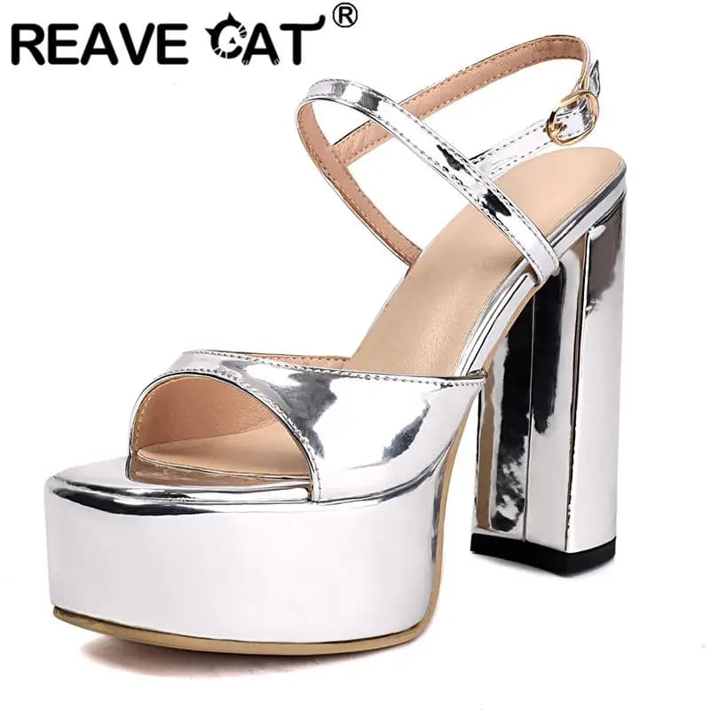 REAVE CAT Design Sexy Women Sandals Block High Heels 14.5cm 4cm Platform Buckle Strap Big Size 41 42 43 Party Dating Wedding