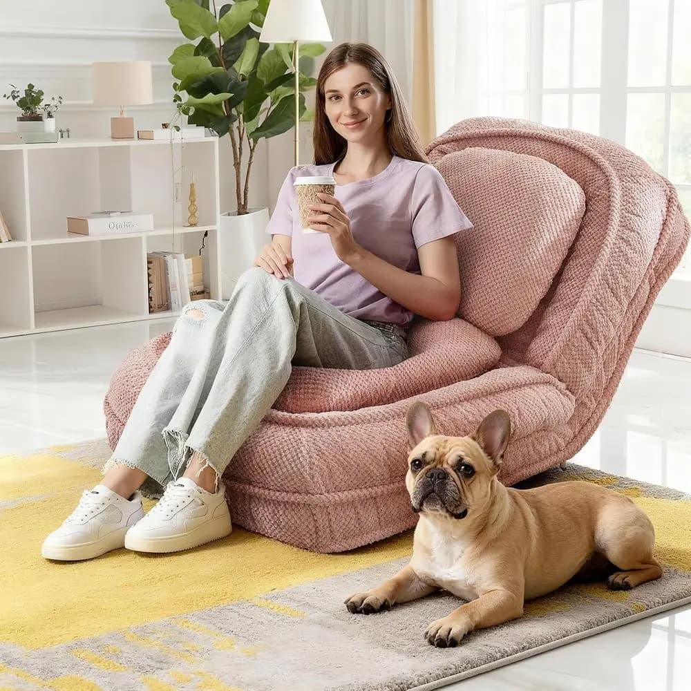 Sedia da gaming rosa peluche con 5 posizioni regolabili, ideale per camera da letto o soggiorno, design salvaspazio