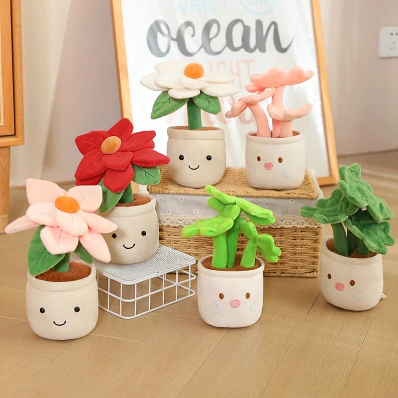 Kawaii Artificial Plant Plush Pot Toy Soft Fluffy Four-Leaf Clover Daisy Plush Flower Cartoon Embroidery Face for Gifts.
